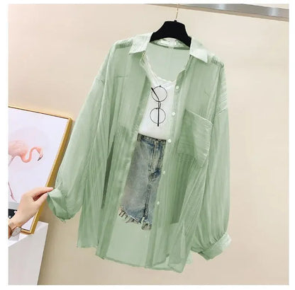 Shirts Women Sheer Thin Chic Summer Simple Solid Sun-proof Temper Fashion Baggy All-match Basic Korean Style Clothes