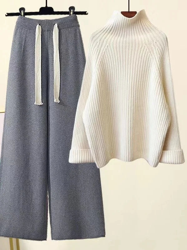 Winter Warm Knit wears Sets For Women Turtleneck Long Sleeve Pullover Sweater+ high Waist Wide Leg Drawstring Knitted Pants Sets