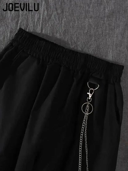 2PCS Women's Streetwear Outfits Loose Long Sleeve Shirt Ribbon Chain Cargo Pants 2 Piece Sets Korean Casual Unisex Couple Suit