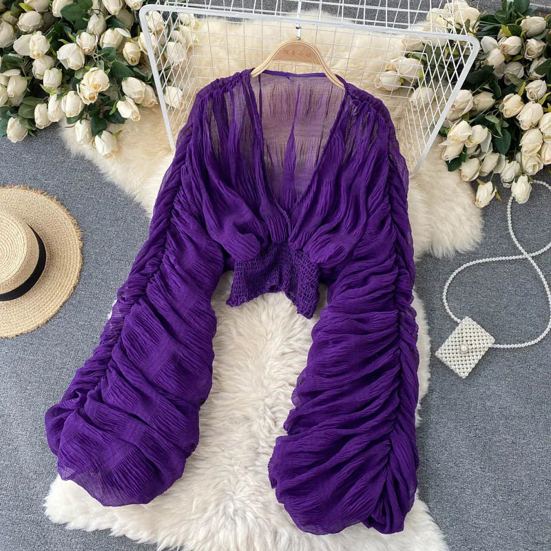 Women Sexy Chiffon Short Blouse Female See Through Super Long Sleeve Purple/Green/Black/White Folds Party Tops 2025 New