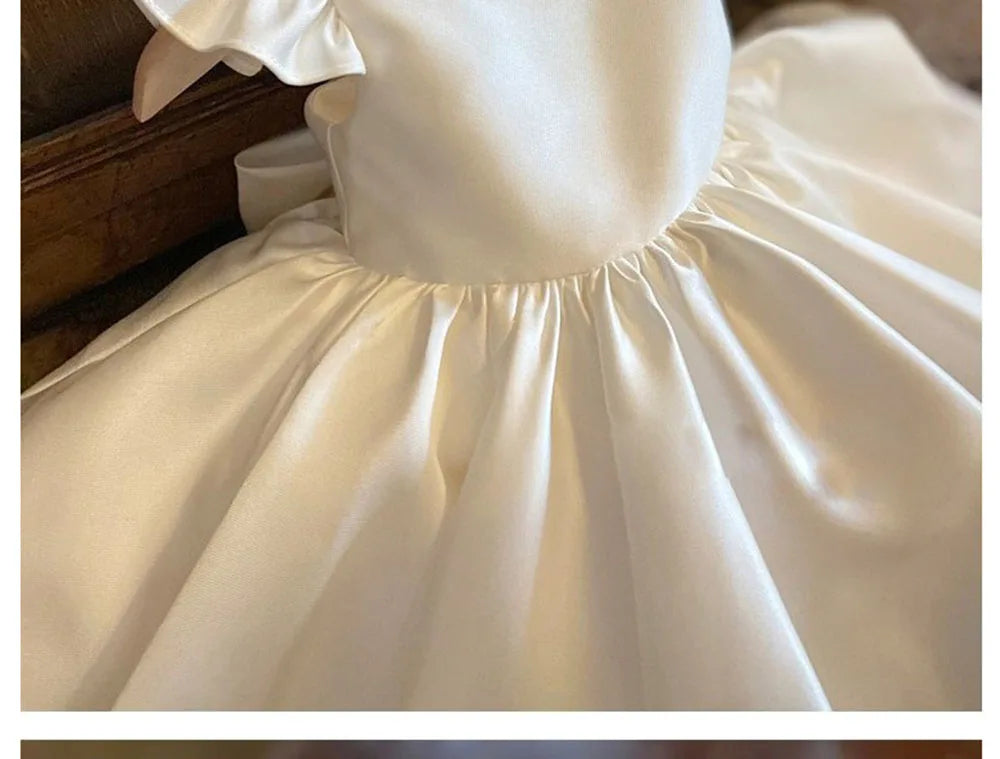 HETISO Baby Dresses for Wedding Pearl Necklace Girl Kid's Dress White Toddler Clothes Elegant Birthday Gown 1-8 Years