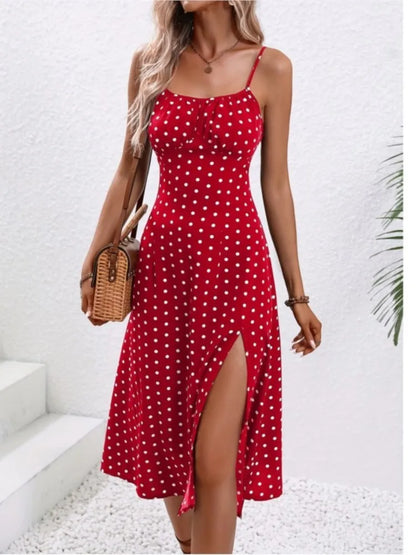 2025 Summer Sexy Spaghetti Straps Dress Women Fashion Polka Dot Print Sleeveless Slit Dress Boho Casual Beach Midi Dresses