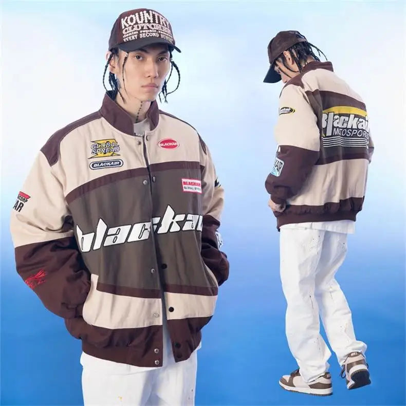 Motorcycle Baseball Jackets Men Y2K Harajuku Letter Embroidery Patchwork Coats Vintage Hip Hop Streetwear Varsity Jacket Unisex