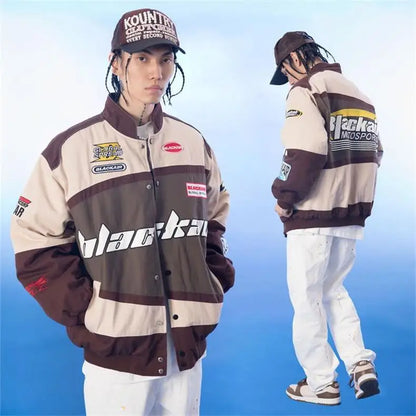 Motorcycle Baseball Jackets Men Y2K Harajuku Letter Embroidery Patchwork Coats Vintage Hip Hop Streetwear Varsity Jacket Unisex
