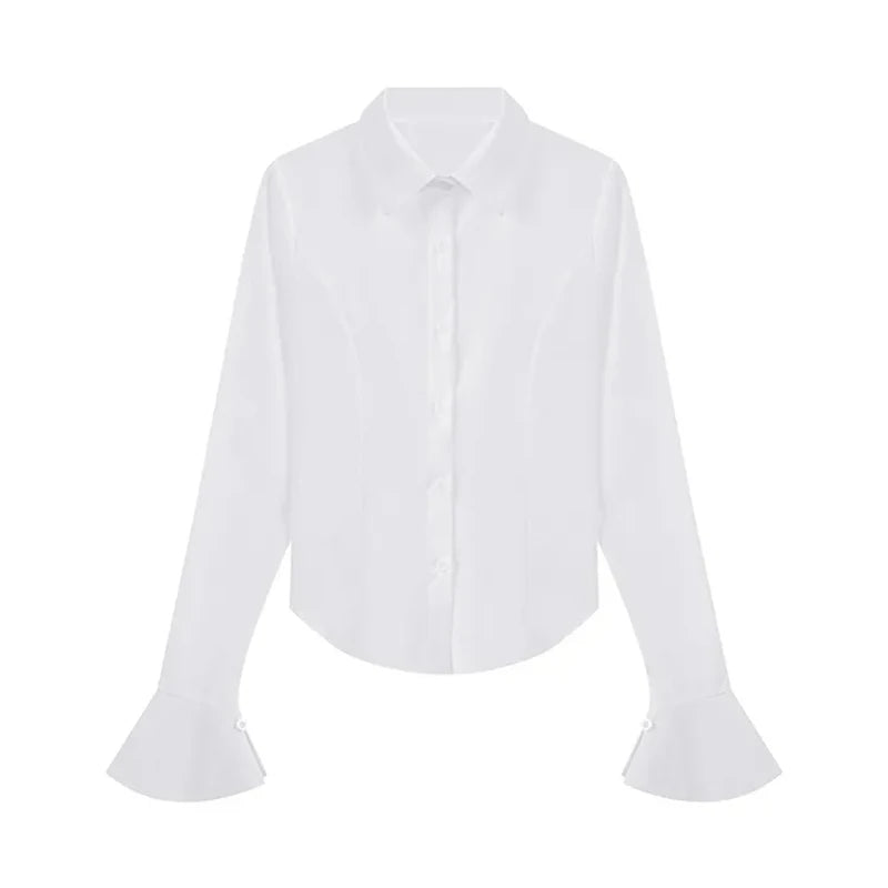Fashion Women Bandage Shirts Korean All Match Streetwear Female Slim Blouse Spring Casual White Bell Sleeve Shirt New