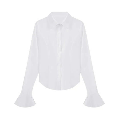 Fashion Women Bandage Shirts Korean All Match Streetwear Female Slim Blouse Spring Casual White Bell Sleeve Shirt New