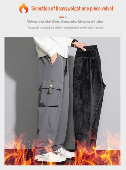 2025 Cargo Pants Men Straight Fit Wide Leg Fleece Lined Trouser Male Winter Fashion Loose Baggy Large Plus Size Warm Streetwear