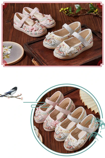 Kids Hanfu Shoes Sweet Embroidery Flower Girl Princess Shoes Fashion Chinese Ancient Style Children's Causal Flat Cloth Shoes