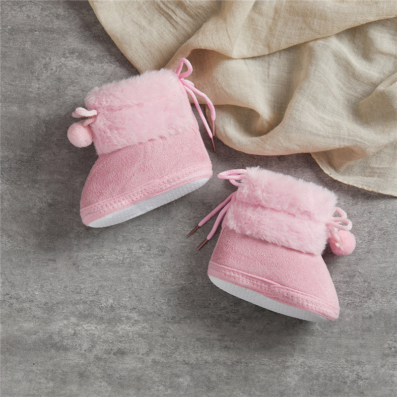 Suefunskry Toddler Baby Girls Boys Boots Winter Warm Soft Sole Fluffy Lace up Boots Cute Plush Pom Decoration Non Slip Shoes