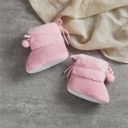 Suefunskry Toddler Baby Girls Boys Boots Winter Warm Soft Sole Fluffy Lace up Boots Cute Plush Pom Decoration Non Slip Shoes