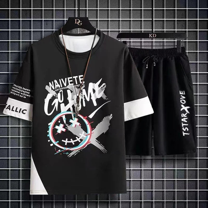 Summer Men Sets 2 Piece Set Tracksuits T-shirt for Men sport gym Casual Men Clothing Y2K Joggers Plaid T Shirt Shorts Outfit