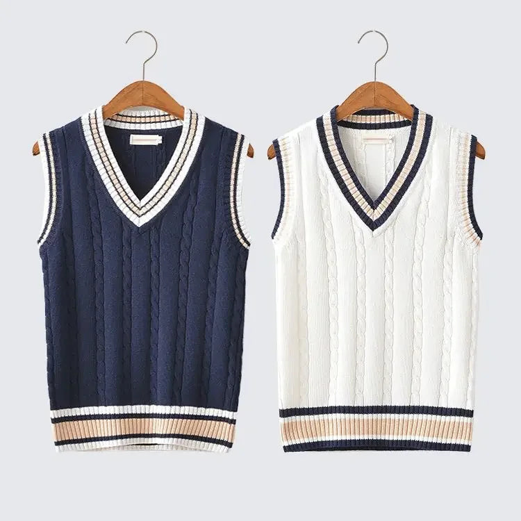 Striped White Knitted Sweaters for Men Blue Sleeveless Man Clothes V Neck Vest Red Waistcoat Jumpers Sweat-shirt Cotton