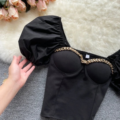Belly Button Shirt Chic Chain Off Shoulder Expose Clavicle Tank Top Summer Puff Sleeve Crop Tops Women Elegant Sexy Slim Blouses