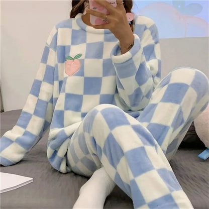 Autumn Winter Kawaii Cartoon Pajama Sets Women Pajamas Plaid Flannel Long Sleepwear Girl Pajama Night Suits Home wear PJ Suit