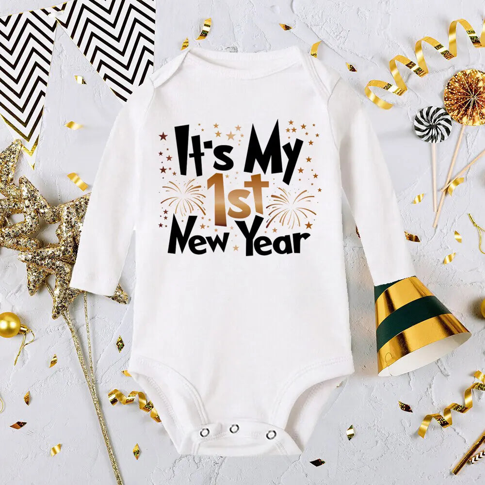 My First New Year Print Baby Romper Infant Long Sleeve Bodysuit Toddler Holiday Jumpsuit Boys Girls Clothes Newborn Shower Gifts