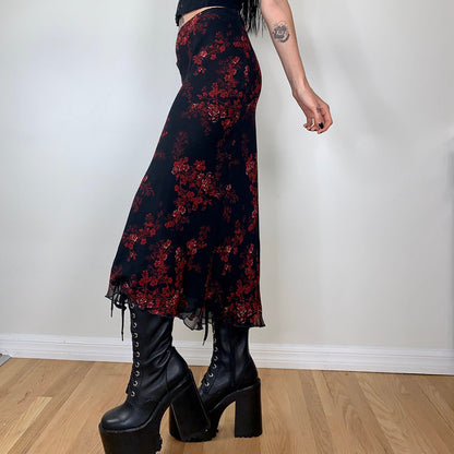 Combhasaki Women's Y2K Retro Vintage Floral Printed High Waist Ruffled Elegant Elastic Waist Long Skirts Street Style Bottoms