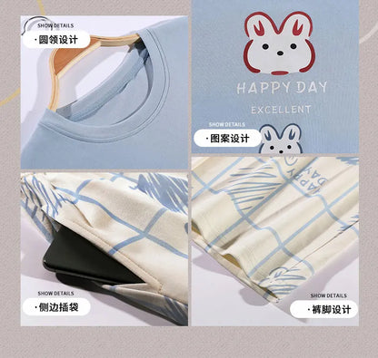 New Pajama Cartoon Cotton Pajamas for Women Summer Short Sleeved Long Pants Sleepwear Korean Fashion Rabbit Print Home Clothing
