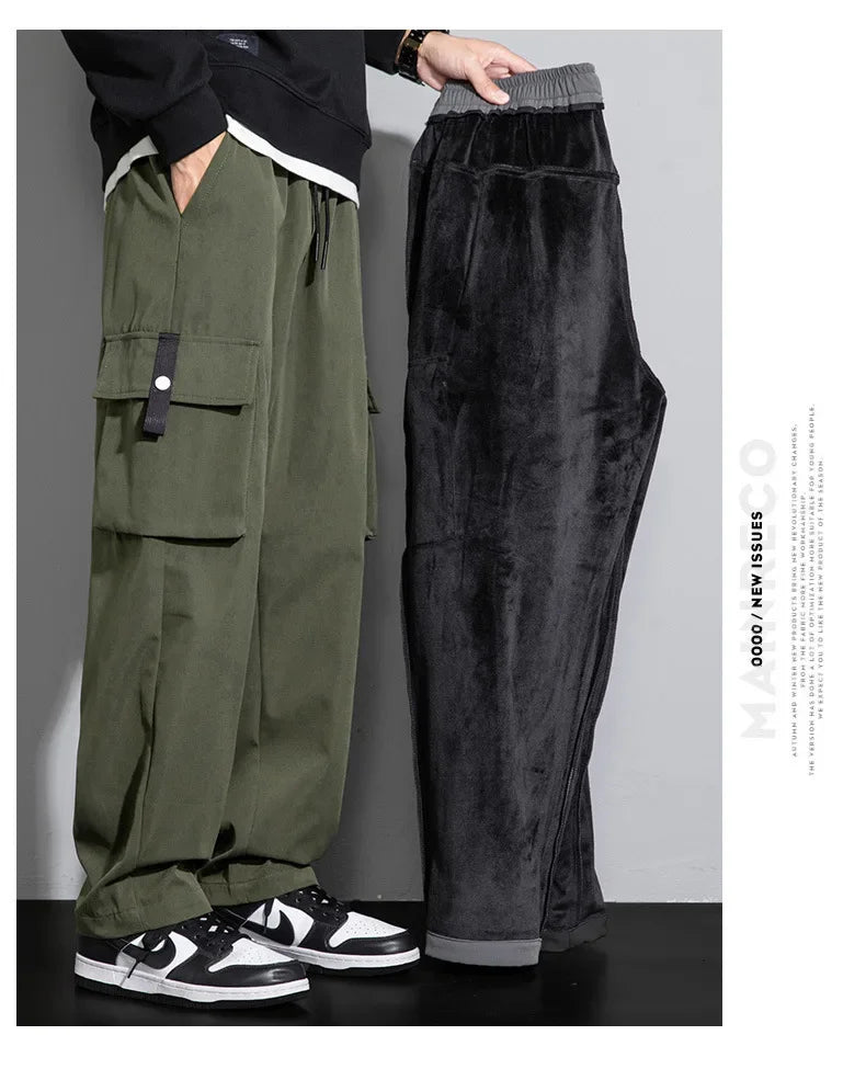 2025 Cargo Pants Men Straight Fit Wide Leg Fleece Lined Trouser Male Winter Fashion Loose Baggy Large Plus Size Warm Streetwear