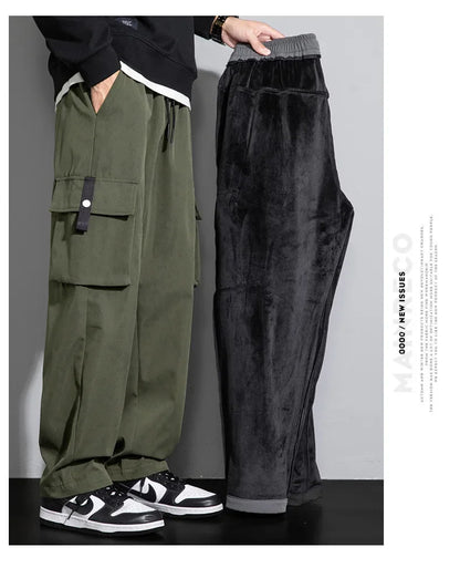 2025 Cargo Pants Men Straight Fit Wide Leg Fleece Lined Trouser Male Winter Fashion Loose Baggy Large Plus Size Warm Streetwear