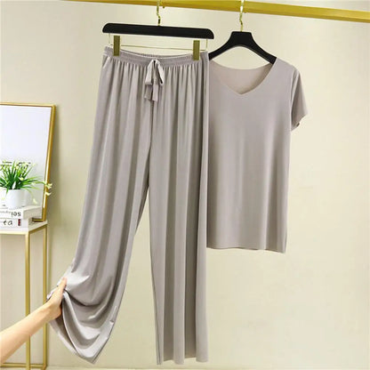 2 Pcs/Set Women T-shirt Pants Set Pleated Wide Leg V Neck Short Sleeves Loose Home wear Pullover Thin Summer Top Trousers Set