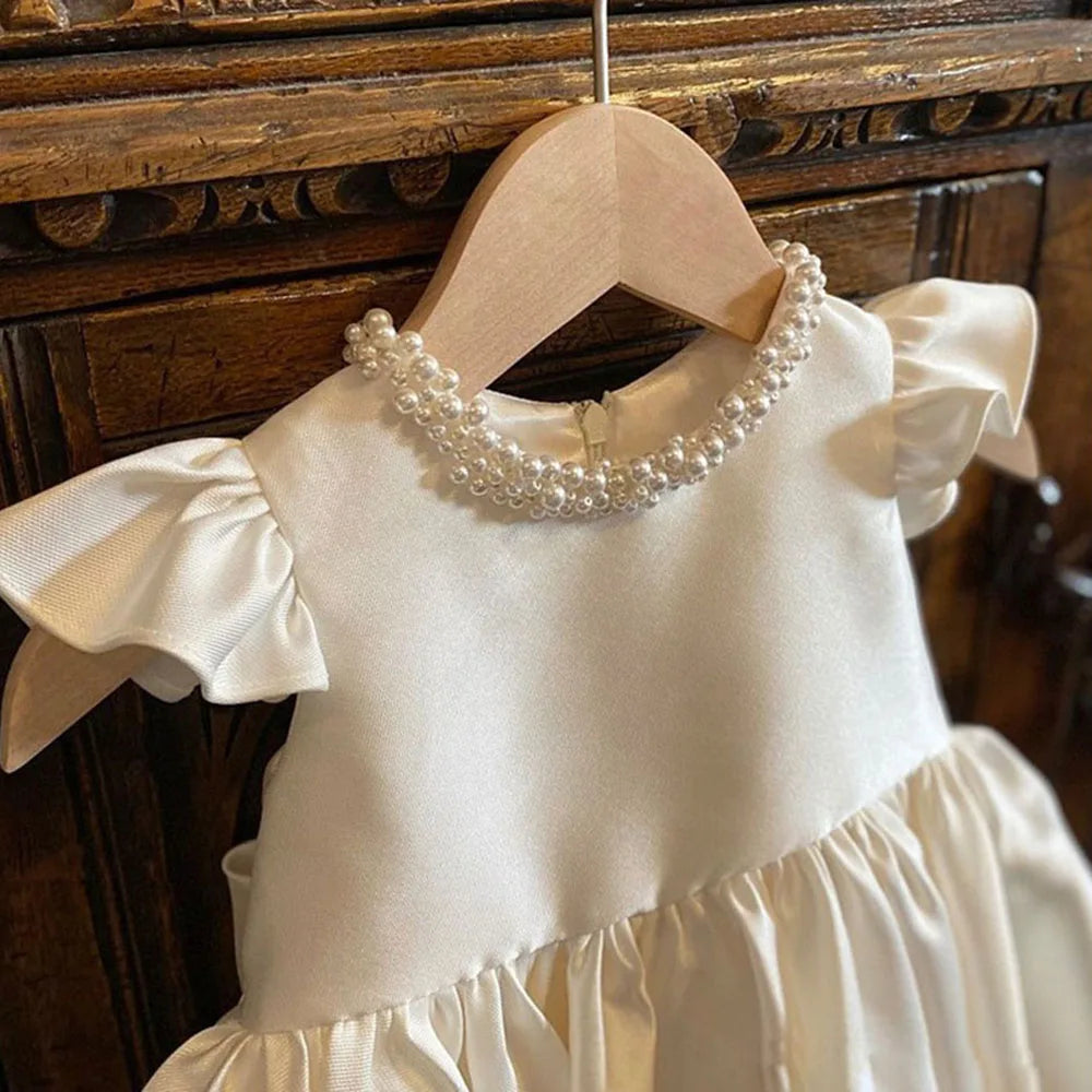 HETISO Baby Dresses for Wedding Pearl Necklace Girl Kid's Dress White Toddler Clothes Elegant Birthday Gown 1-8 Years