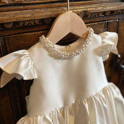HETISO Baby Dresses for Wedding Pearl Necklace Girl Kid's Dress White Toddler Clothes Elegant Birthday Gown 1-8 Years