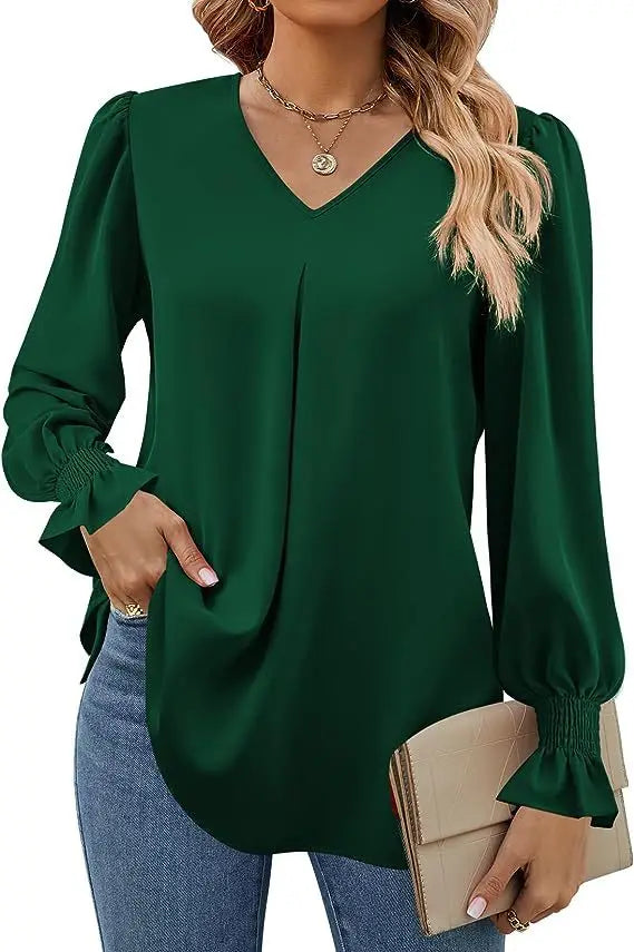 Women's New Solid Color Chiffon Shirt V-neck Pullover Flared Long Sleeved Top Shirt Office Lady Elegant Khaki Loose Blouse