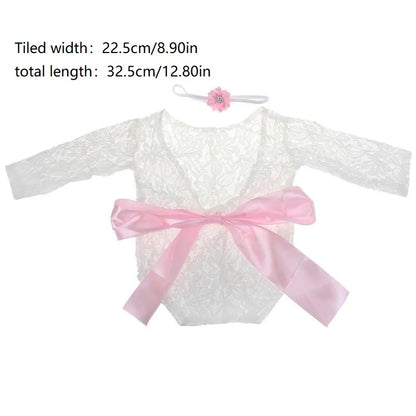 2 Pcs 0-1 Month Newborn Photography Props Baby Headband Lace Romper Bodysuits Outfit Girl Costume Photo Clothing