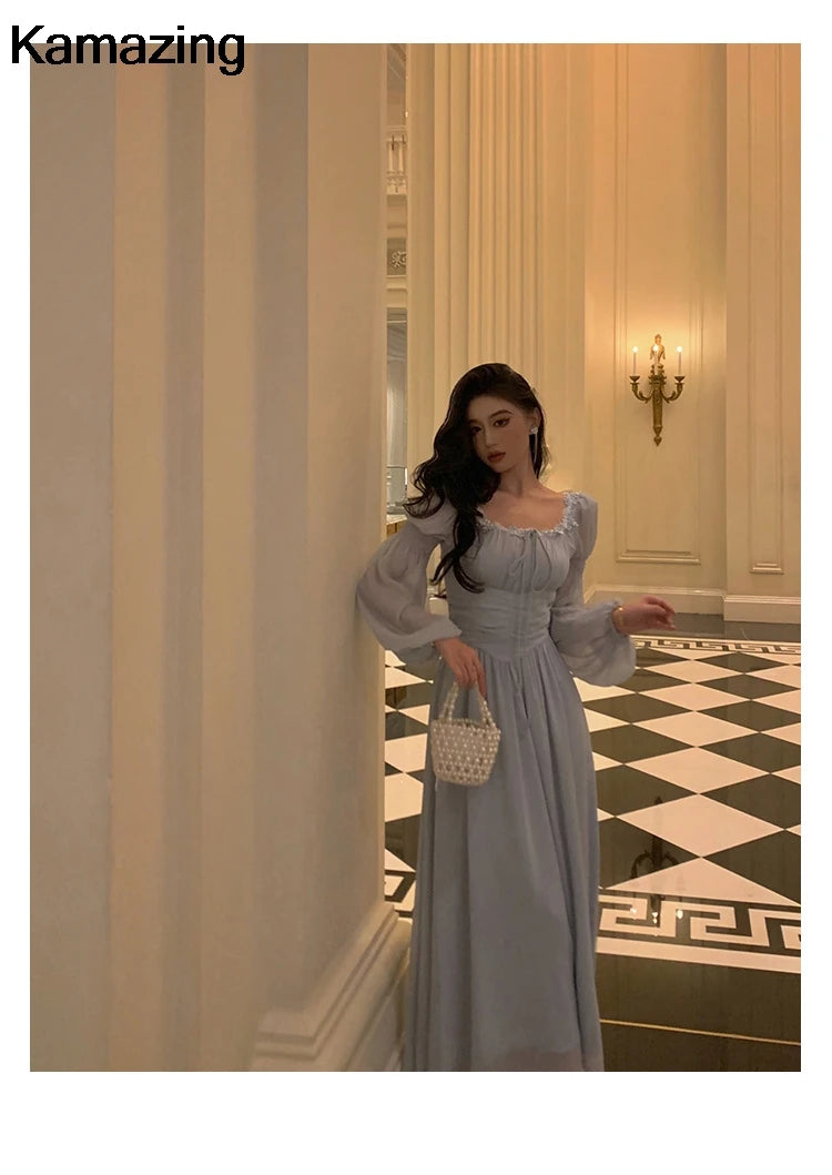 Elegant Square Collar Lace Dress Princess Evening Party Midi Dresses Women Autumn High Waist A-line Prom Robe One Piece Vestidos