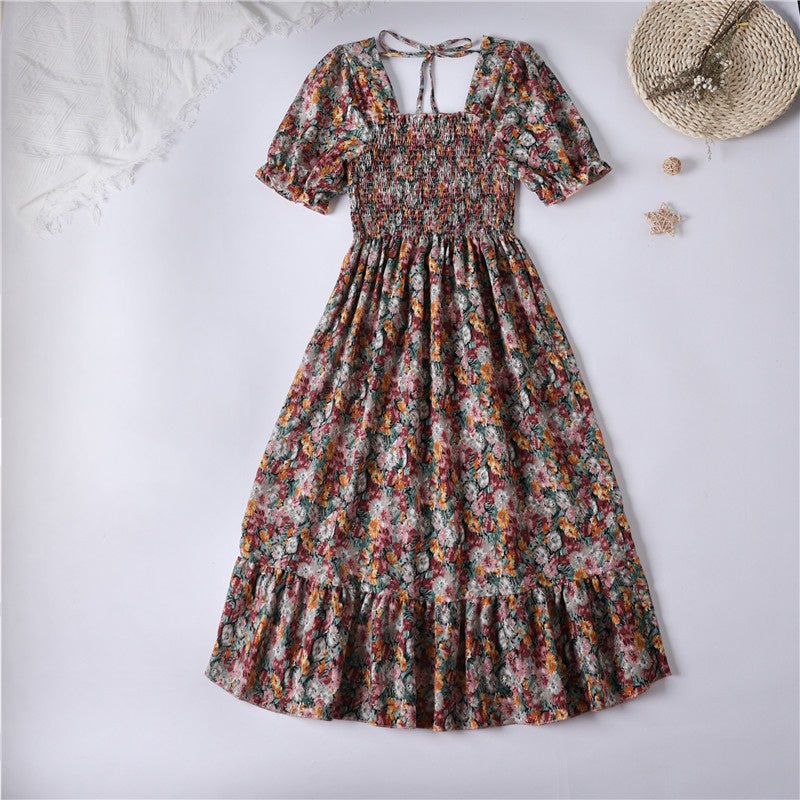 Summer Pleated Women Chiffon Dresses Casual Beach Holiday Short Sleeve Square Collar Woman Midi Dress Bohemian