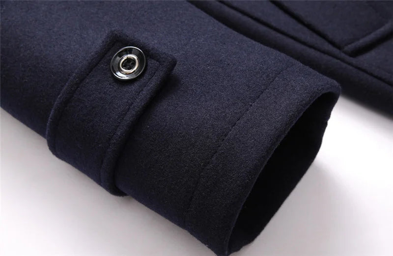 Winter Men's Woolen Coats Fashion Thicken Mid Length Trench Solid Turn Down Collar Warm Outerwear Business Casual Wool Coat Men