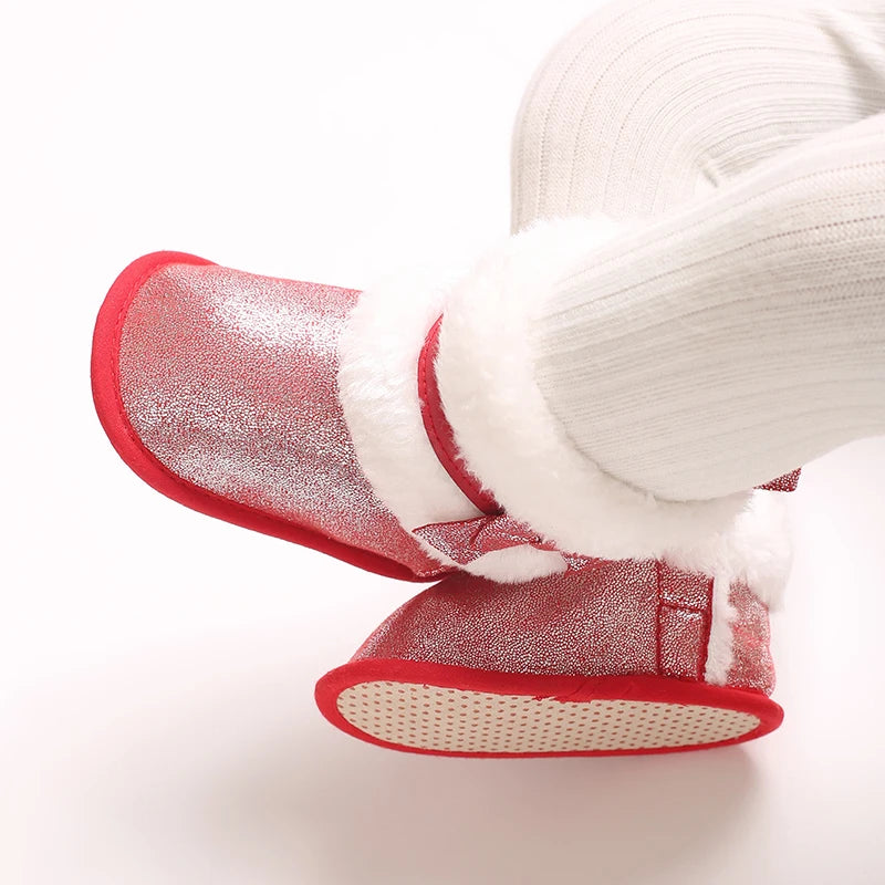 Suefunskry Newborn Baby Girl Winter Warm Plush Boots Shiny Flats with Cute Bows Casual Walking Shoes for Toddler Infant