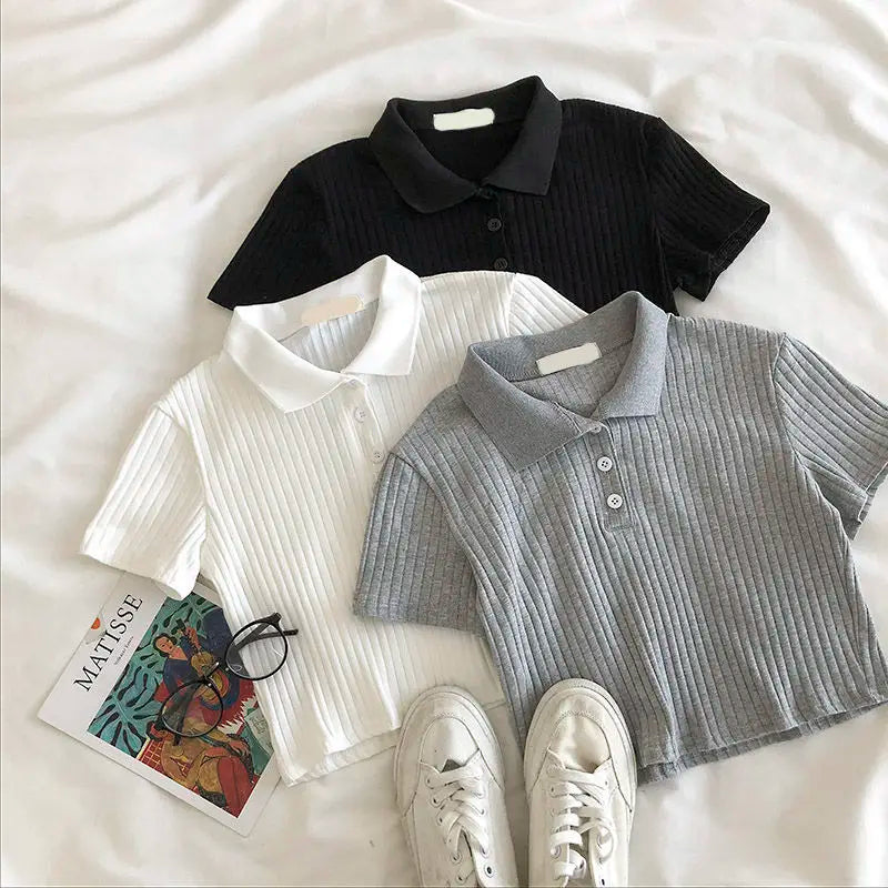 Women Knit School Polo Neck Cropped Shirt Summer Short Sleeve Youthful Solid Color Crop Top Female Basic Blouse Lady Pullover
