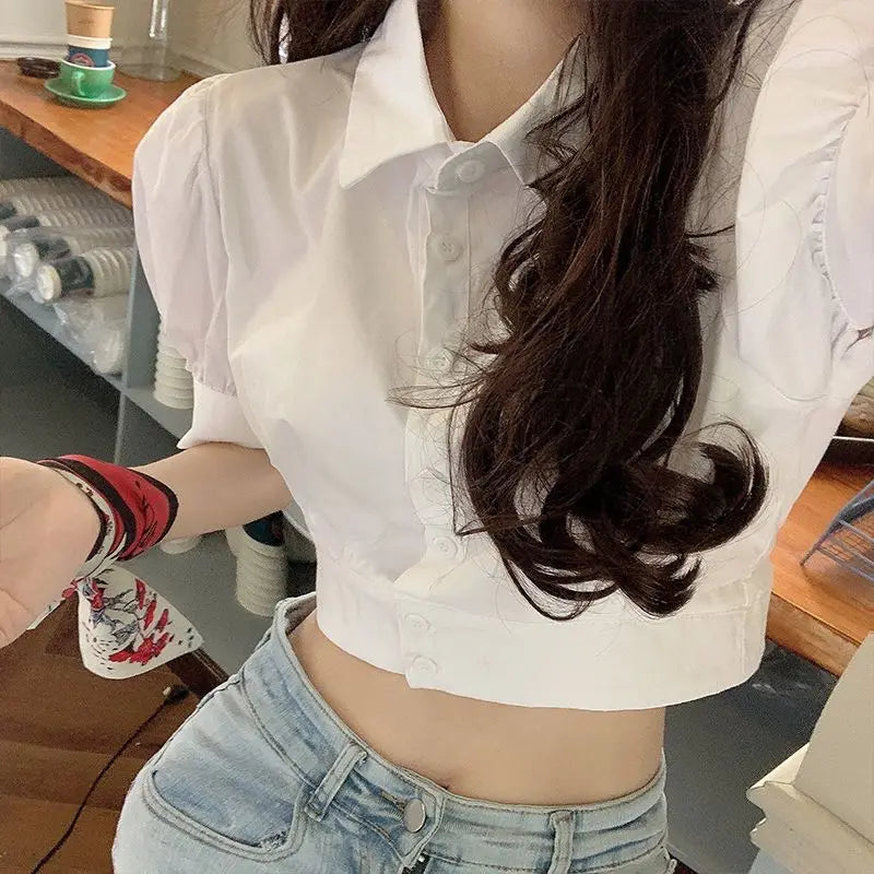 Korean Fashion Women's Shirt Summer Elegant Youth Blouses Clothes Preppy Puff Sleeve White Shirts Cropped Cute Top 2025