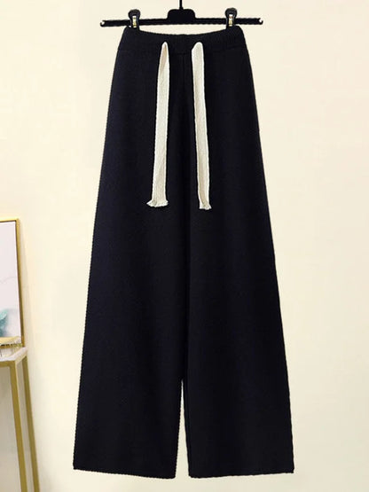 Winter Warm Knit wears Sets For Women Turtleneck Long Sleeve Pullover Sweater+ high Waist Wide Leg Drawstring Knitted Pants Sets