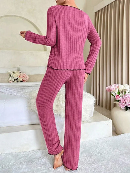 Women Autumn Winter Sleepwear Ribbed Pajamas Set Long Sleeve Top and Long Pants 2 Piece Set Casual Home wear Loungewear