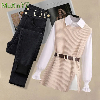 2025 Spring New Korean Elegant in Matching Set Women's Fashion Knitted Vest+ Shirt+ Jeans Three Piece Female Chic Denim Pants Suit