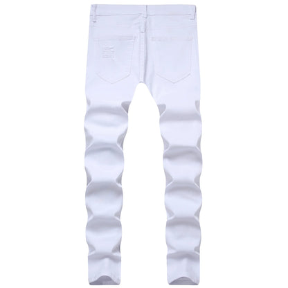 Punk Street Style Ripped Skinny Jeans Men Vintage Wash Solid Denim Trouser Men's Casual Slim Fit Pencil Denim Holes Pants 2025