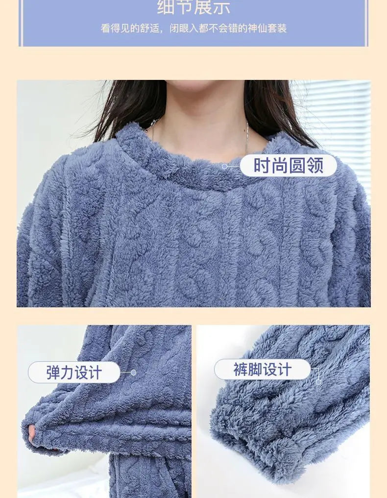 Fleece Women Pajamas Set Winter Sleepwear Solid Velvet 2 Piece Pant Home Suit Fluffy Casual Pajama Warm O-neck Night Wear