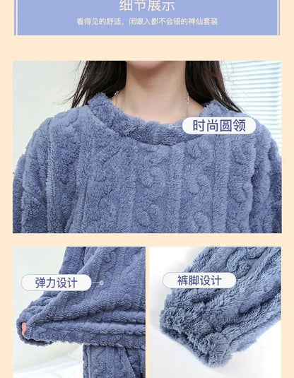 Fleece Women Pajamas Set Winter Sleepwear Solid Velvet 2 Piece Pant Home Suit Fluffy Casual Pajama Warm O-neck Night Wear