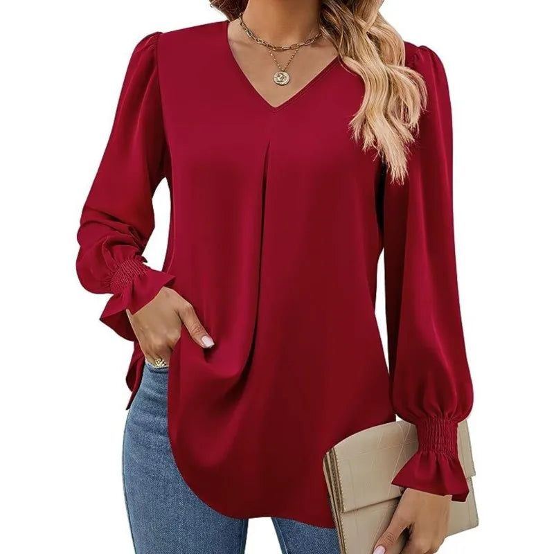 Women's New Solid Color Chiffon Shirt V-neck Pullover Flared Long Sleeved Top Shirt Office Lady Elegant Khaki Loose Blouse