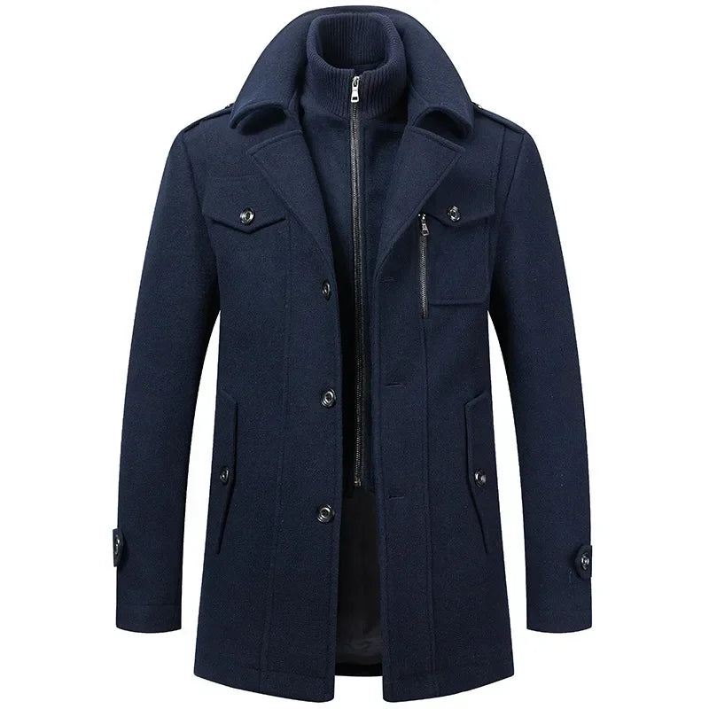 Autumn Winter Men's Woolen Coat Fashion Double Neck Coat Solid Color Long Sleeve Jacket