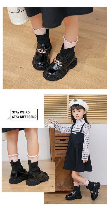 Girls Leather Boots Metal Chains Flying Woven Stitching Princess Boots Kids Leather Soft Sole Boots Children Socks Boots Fashion