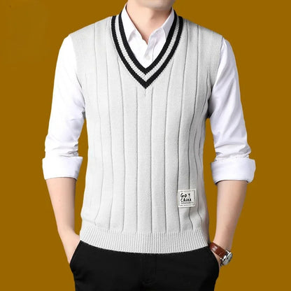 Men's Clothing Icon Knit Sweater Male Sleeveless Striped Waistcoat Vest Beige Heated Korean Style High Quality Replica Street X