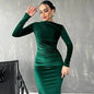 BWQ 2025 Spring Summer Velvet Long Sleeve Midi Dress For Women Ruched Long Dress Elegant Party Clothes Evening Green Outfits