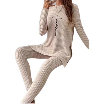 Casual Solid Color Winter Knitted Suit Women Two-Piece Long Sleeve Split Top Slim Fit Pants Autumn Fashion Set