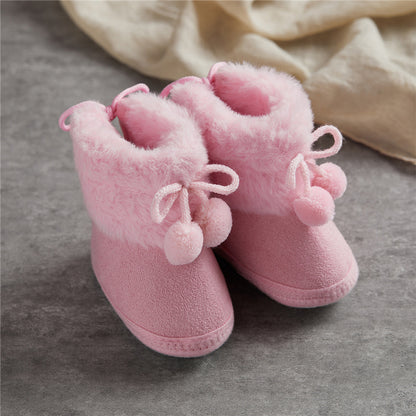 Suefunskry Toddler Baby Girls Boys Boots Winter Warm Soft Sole Fluffy Lace up Boots Cute Plush Pom Decoration Non Slip Shoes