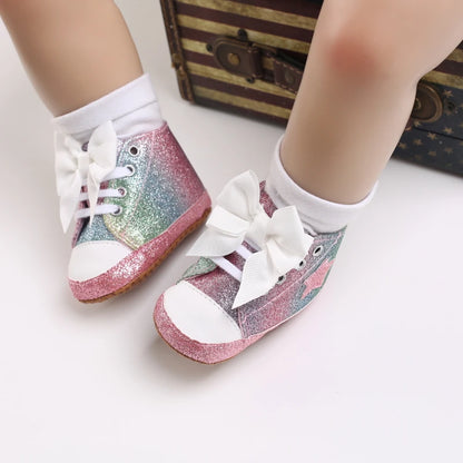 Cute 0-18M Spring Newborn Silver Baby Shoes Non Slip Cloth Bottom Girl Shoes Elegant Breathable Casual Baby First Walking Shoes