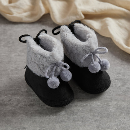 Suefunskry Toddler Baby Girls Boys Boots Winter Warm Soft Sole Fluffy Lace up Boots Cute Plush Pom Decoration Non Slip Shoes