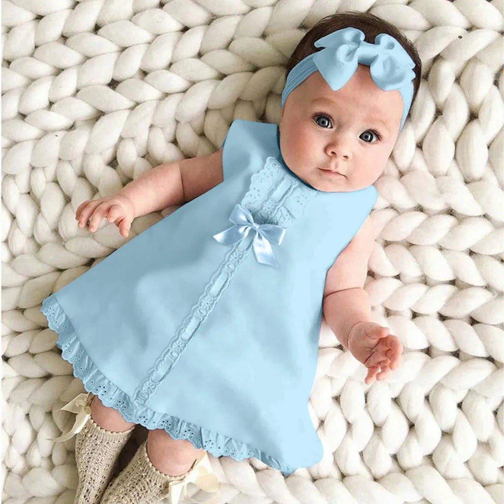 New Maxi Bow Dress+ headband Set Newborn Baby Girl Sleeveless Outfit Bowknot Ruffle Red Clothes Baby Summer Dresses For Girls